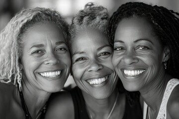 Joyful group of three diverse women smiling widely in a close-up portrait, showcasing friendship, happiness, and vibrant energy in a playful black and white setting