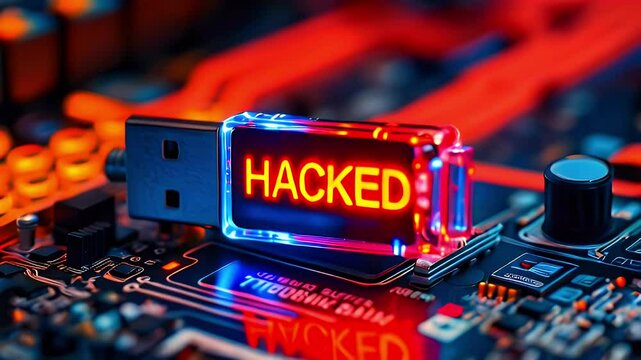 A USB drive with a glowing "HACKED" sign, set against a circuit board background.