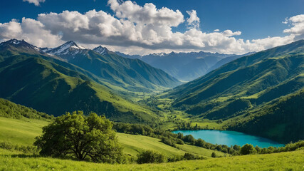Fototapeta premium Green Valley Lies Beneath Majestic Mountains