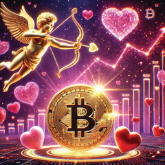 Celebrate Valentine's Day with Love and Technology! Bitcoin Sparks Heart, AI Cupid Shoots Arrow of Love, Cryptocurrency Growth Chart, The Perfect Mix of Romance, Wealth and Innovation