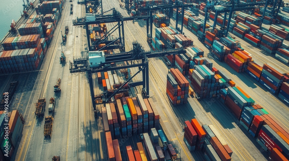 Poster dynamic shipping terminal bustling with activity, workers managing container unloading, advanced tec