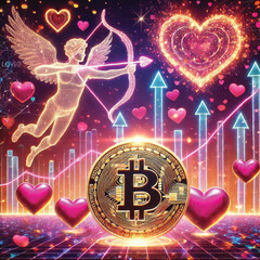 Celebrate Valentine's Day with Love and Technology! Bitcoin Sparks Heart, AI Cupid Shoots Arrow of Love, Cryptocurrency Growth Chart, The Perfect Mix of Romance, Wealth and Innovation