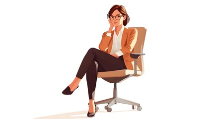 A woman in professional attire sitting on an office chair, clipart in cartoon style