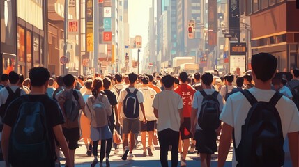 Obraz premium Urban Pulse, a bustling city sidewalk teeming with a diverse crowd, individuals merge into a dynamic flow of urban life and movement