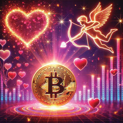 Celebrate Valentine's Day with Love and Technology! Bitcoin Sparks Heart, AI Cupid Shoots Arrow of Love, Cryptocurrency Growth Chart, The Perfect Mix of Romance, Wealth and Innovation