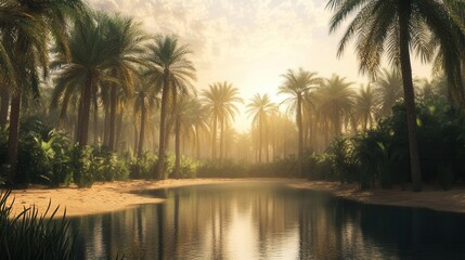 Obraz premium Tranquil Desert Oasis, serene water reflecting palm trees, peaceful refuge in arid landscape, inviting natural beauty and relaxation