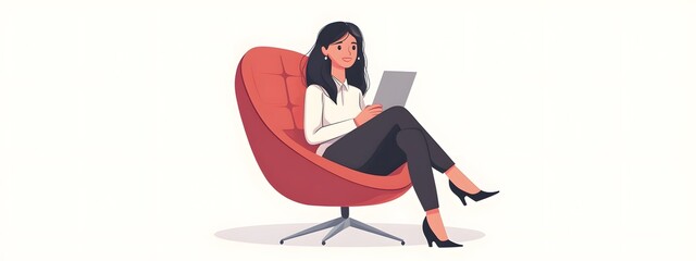 A woman in professional attire sitting on an office chair, clipart in cartoon style