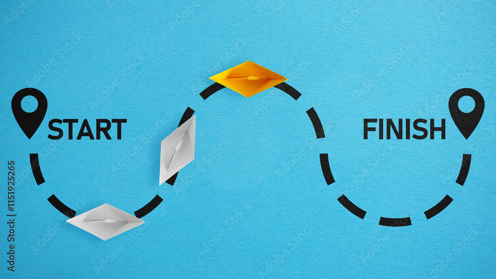 Poster forward-thinking start-up the business concept for success with a start and finish goal location mar
