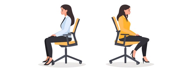 A woman in professional attire sitting on an office chair, clipart in cartoon style