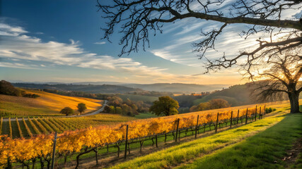 Naklejka premium Idyllic Countryside Vineyard Scene with Golden Autumn Foliage Under Sunset Sky