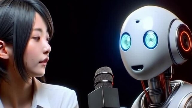 Futuristic Interview: Robot with Microphone in Dark Studio Background Ideal for Technology and AI Concepts.