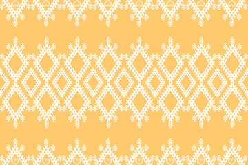 Ikat cross stitch geometric embroidery seamless knitted pattern on damask background. Perfect decorative design for sweater, fabric, decoration, illustration, ornament, texture, textile, interior