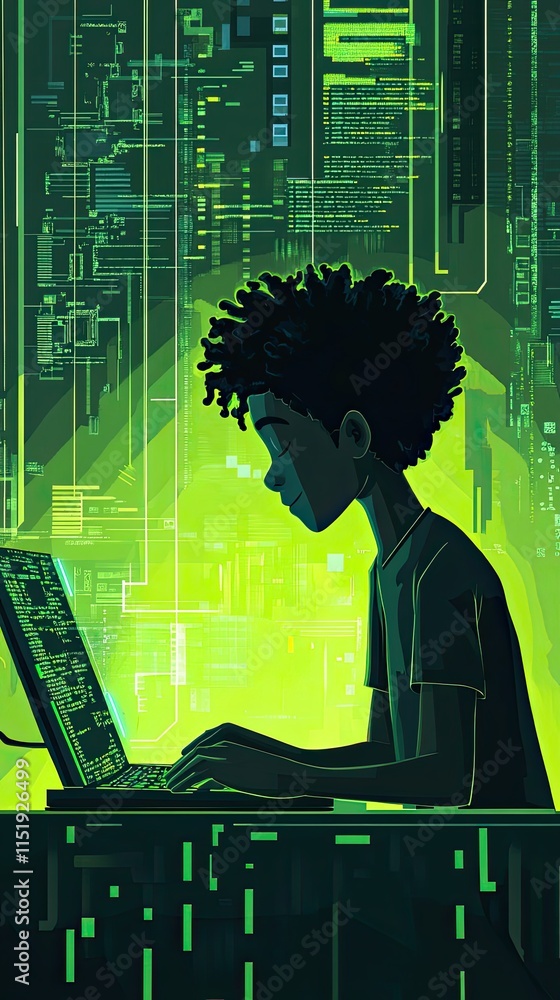 Poster young coder working late on digital project