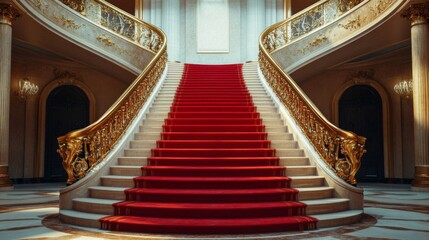 Grand Staircase With Gold Railings And Red Carpet