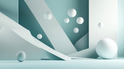 Abstract 3D Render: Geometric Shapes and Floating Spheres in a Minimalist Teal and White Setting