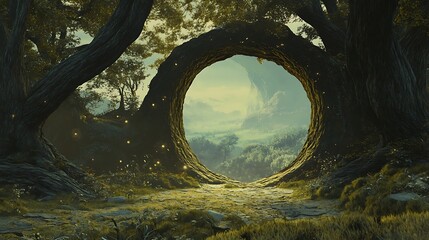 Fototapeta premium A Mystical Forest Opening with a Circular Rock Formation Revealing a Distant Valley.