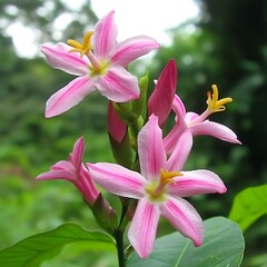 Fototapeta premium Pink Flowers Blooming In Lush Green Foliage