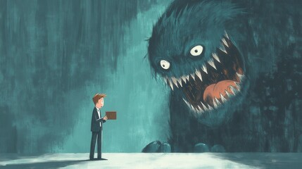 Businessman with empty wallet, giant debt monster looming, financial struggles depicted, humorous take on economic stress, vibrant cartoon style