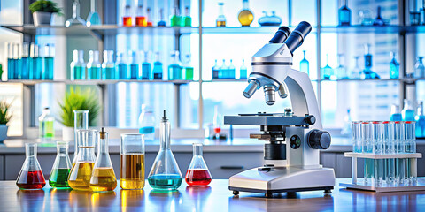 A modern laboratory features a microscope and various glass containers filled with vibrant liquids, demonstrating active scientific research and experimentation