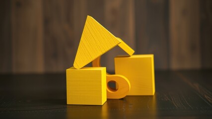 A yellow wooden block construction featuring geometric shapes, arranged in a creative and playful manner, set against a backdrop of a dark wooden surface.