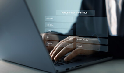 Digital online employee form. Human resource concept.Businessman filling out a form with personal...
