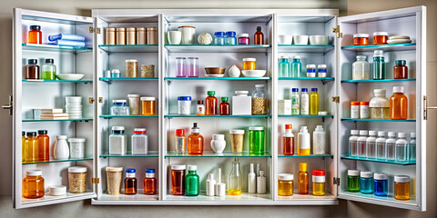 A well-organized medicine cabinet showcases a diverse array of colorful bottles and jars, neatly arranged on glass shelves. The cabinet features various sizes and shapes, enhancing visual appeal