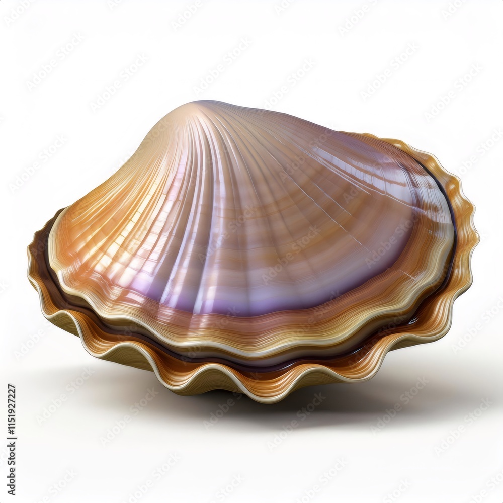 Poster iridescent giant clam shell gleaming with pearlescent hues, rendered digitally against pristine whit