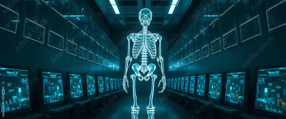 Poster a robotic skeleton is centered in a futuristic data center. multiple glowing screens line the walls,