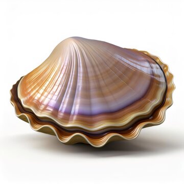 Iridescent giant clam shell gleaming with pearlescent hues, rendered digitally against pristine white background