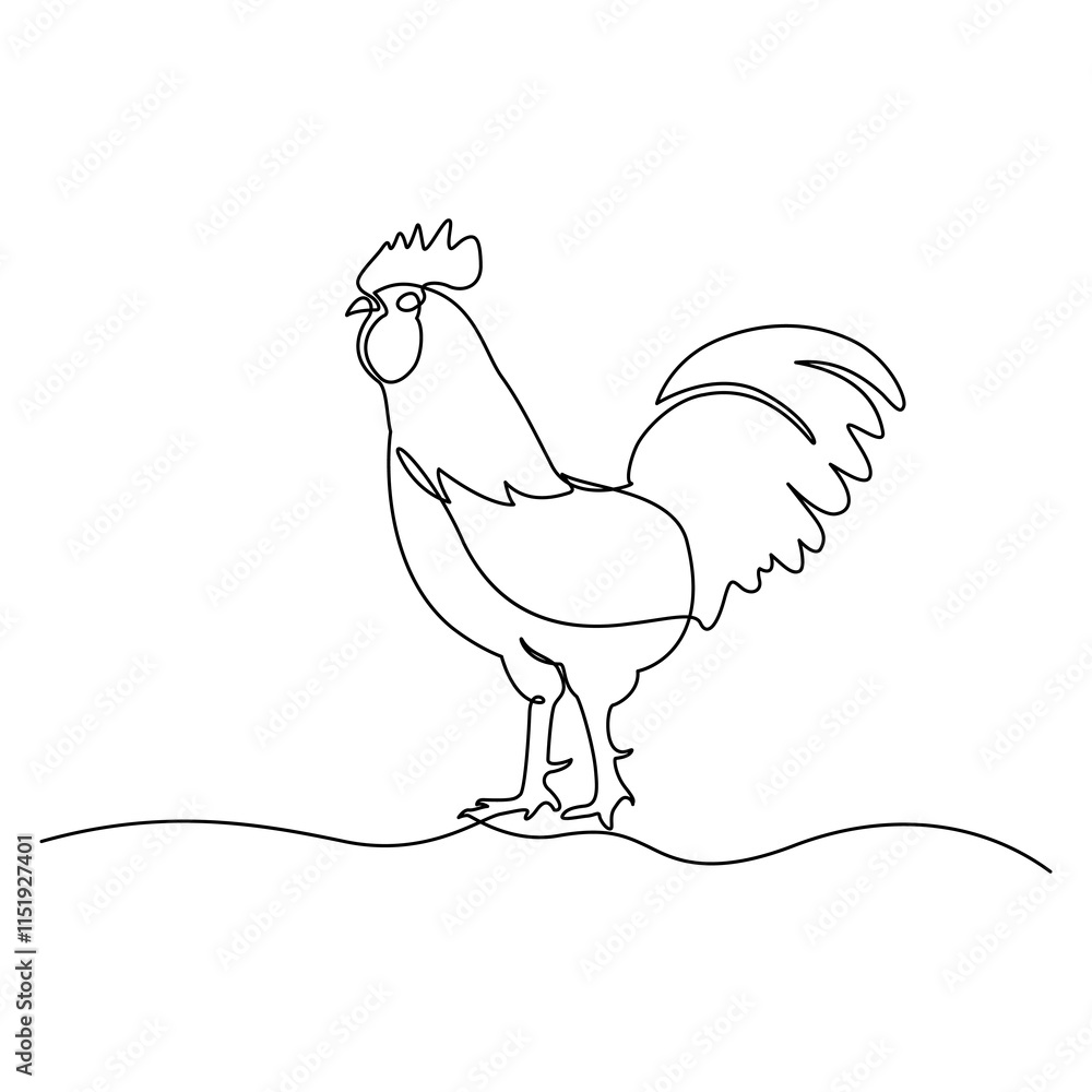 Poster hen in continuous line art drawing style. chicken minimalist black linear design isolated on white b