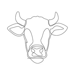 A continuous line drawing of a cow head, Cow head in continuous line art drawing style. Horned cow portrait minimalist black linear sketch isolated on white background. Vector illustration.