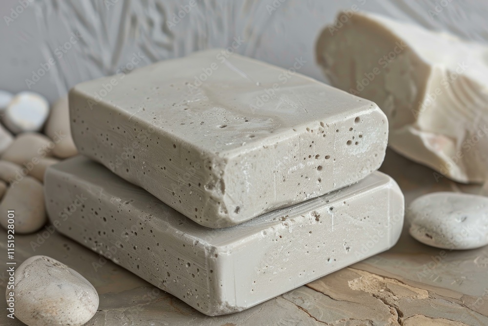 Poster two bars of gray handmade soap are displayed on a marble surface with decorative stones, creating a 