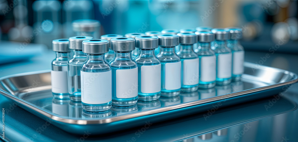 Poster a series of vaccine vials are neatly arranged on a metallic tray, showcasing a clear liquid inside e