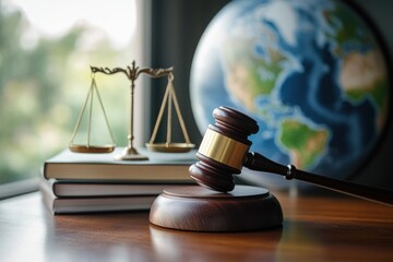 A gavel rests on a wooden desk beside a globe and scales of justice, symbolizing law, justice, and global legal systems in a bright office environment.