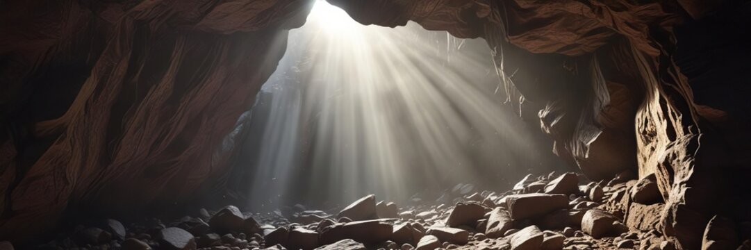 Rays of sunlight filter into the cave through a narrow crevice in the rocky wall, aperture, rays, enlighten
