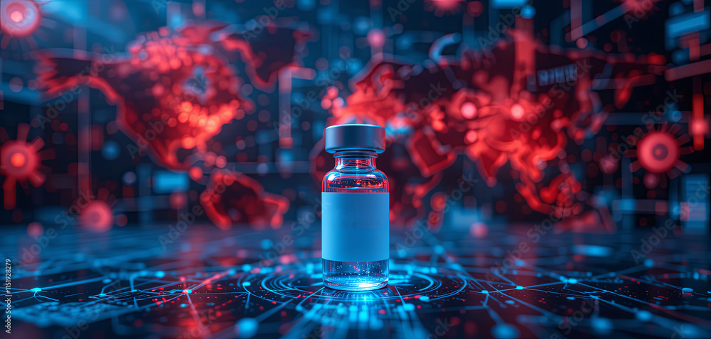 Poster a vial representing vaccine development is illuminated against a backdrop of global data maps and vi