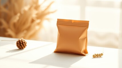 A single brown pouch with a zipper sits on a white table, showcasing a minimal product display concept with natural elements.