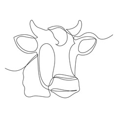 A continuous line drawing of a cow head, Cow head in continuous line art drawing style. Horned cow portrait minimalist black linear sketch isolated on white background. Vector illustration.