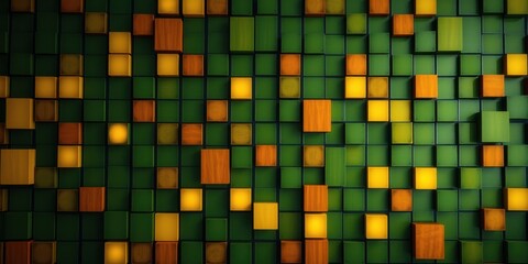 Fototapeta premium Abstract Geometric Pattern of Interlocking Cubes in Shades of Green, Yellow, and Brown