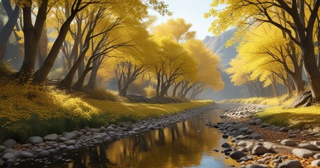 Yellow leaf-covered ginkgo trees lining a creek bend, autumn, ginkgo