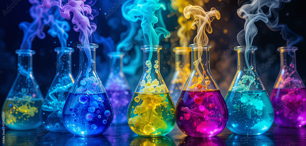 Poster colorful liquids bubble and swirl in laboratory flasks, creating a captivating display of vibrant co