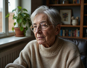 Portrait of an Elderly Woman with Grey Hair by a Sunlit Window
