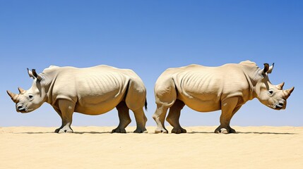 Obraz premium Two white rhinoceros standing side by side in the golden sands of the Kalahari desert, Namibia, under a clear blue sky.