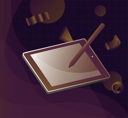 Tablet and stylus with abstract background and 3D elements