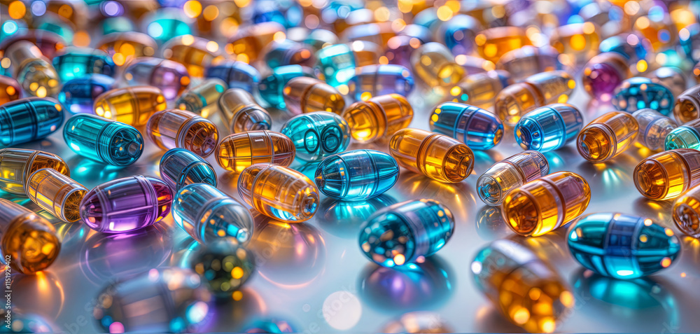 Aufkleber a variety of colorful capsules in shades of blue, orange, and purple are randomly scattered across a