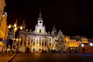 Naklejka premium Town Hall and Christmas tree in Ceske Budejovice. Christmas Eve.