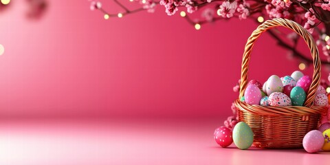 Obraz premium Easter Festival Product Display Spring Garden Colorful Eggs Bright Background Joyful Concept