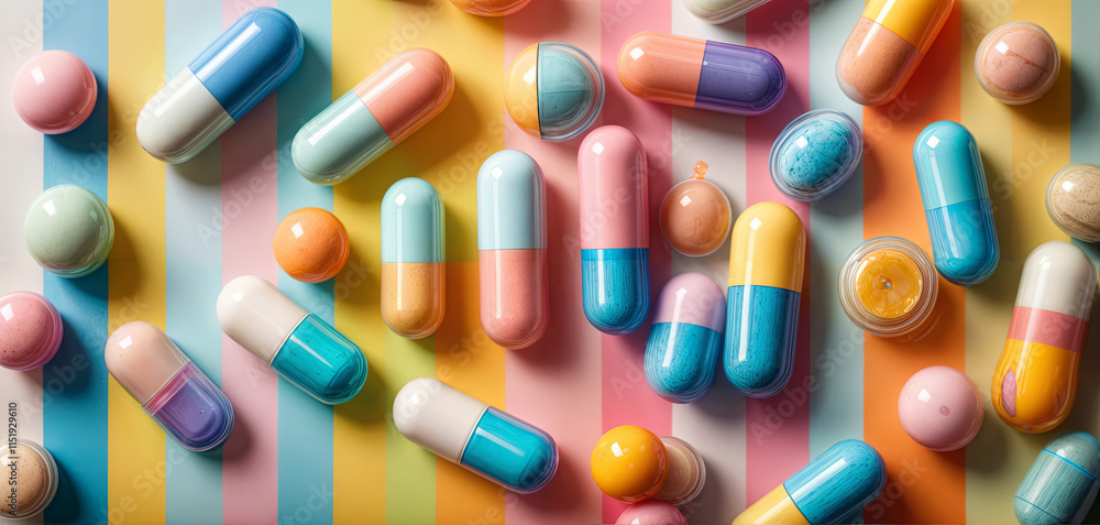 Poster multiple capsules of different sizes and colors are arranged haphazardly on a brightly striped backg