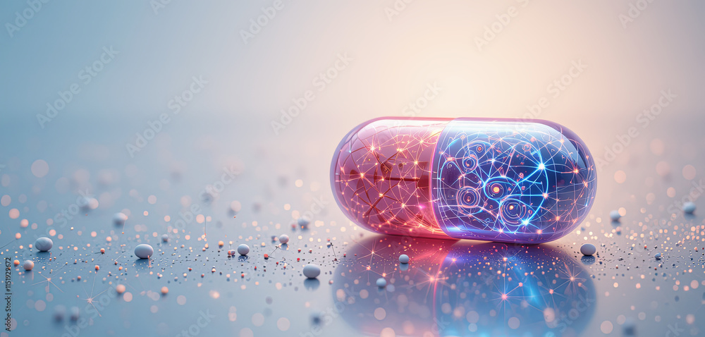 Poster a colorful capsule rests on a shiny surface, illuminated by soft light. intricate designs and patter