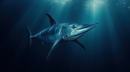 Naklejka premium Swordfish swims in sunlit ocean depth, blue hues.